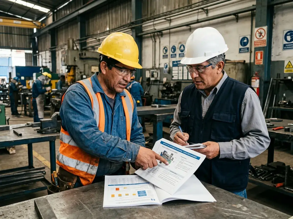 Consultor experto de GrupoInproser explicando protocolos de seguridad a un cliente en el sitio de trabajo.