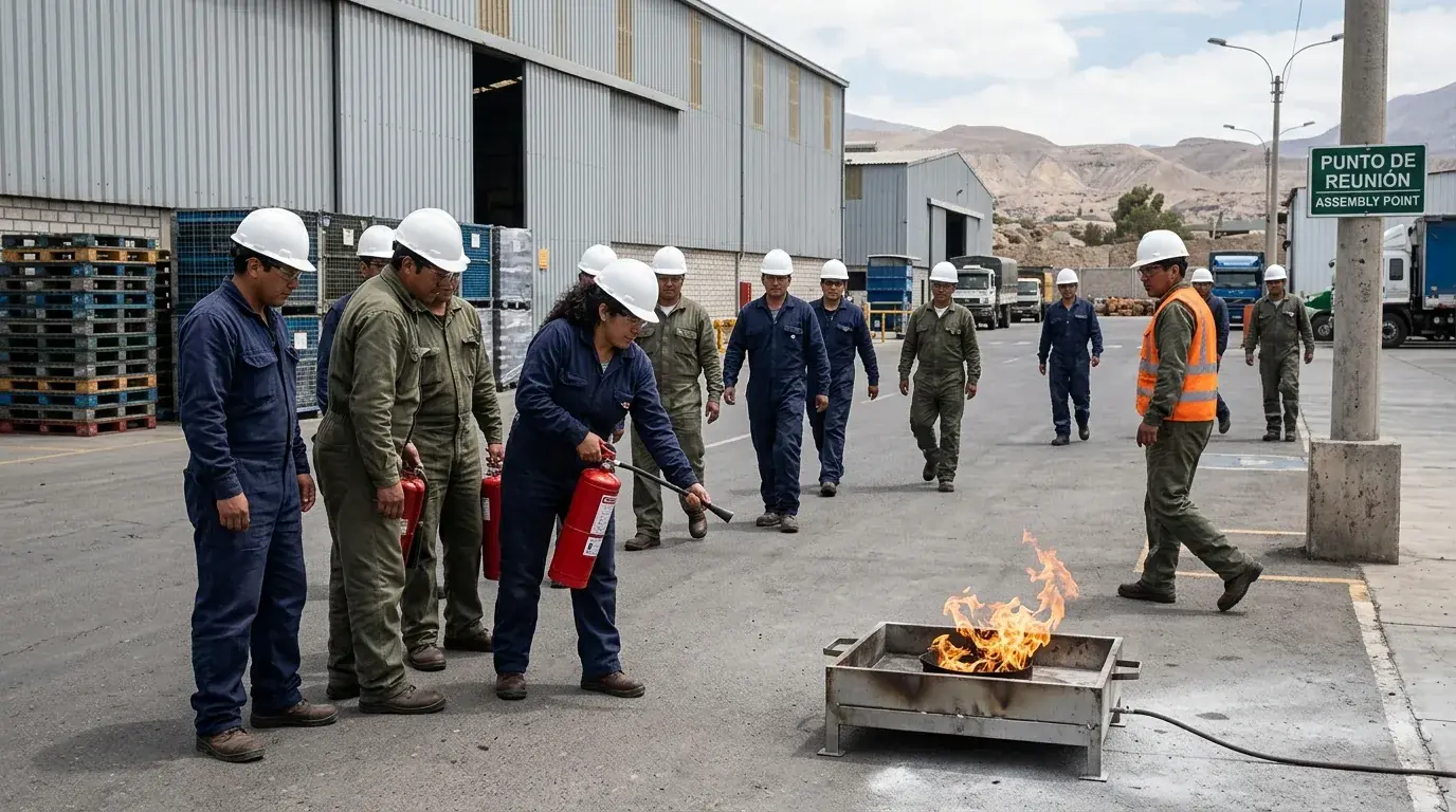Entrenamiento práctico supervisado en el uso correcto de extintores PQS y CO2.