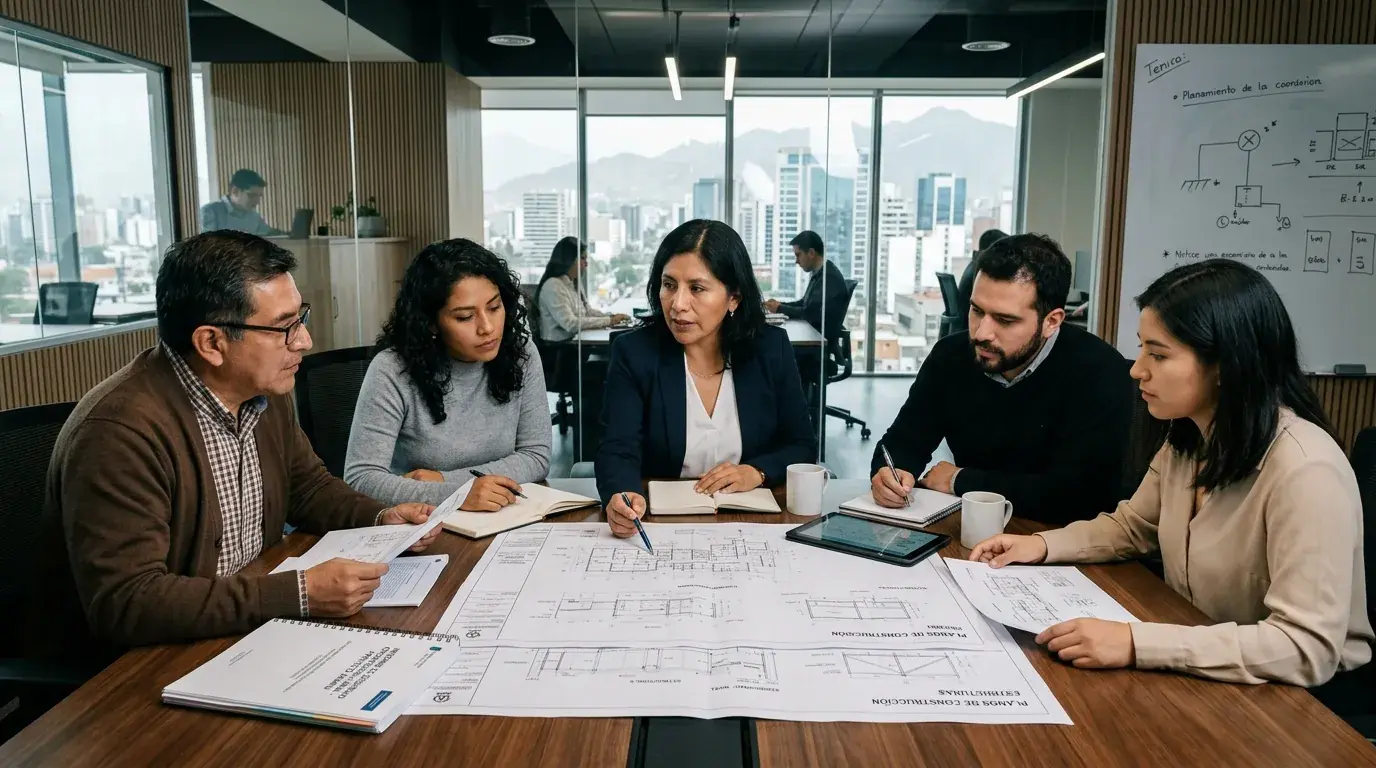 Equipo de ingenieros de GrupoInproser analizando soluciones técnicas en una oficina moderna.